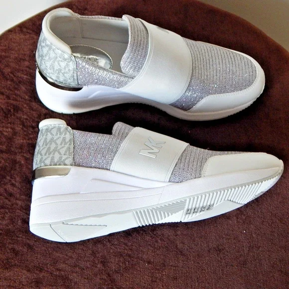 Michael Kors Felix Trainer Silver Rainbow Glitter Wedge Sneaker Shoe 8.5 M NIB - Picture 10 of 11